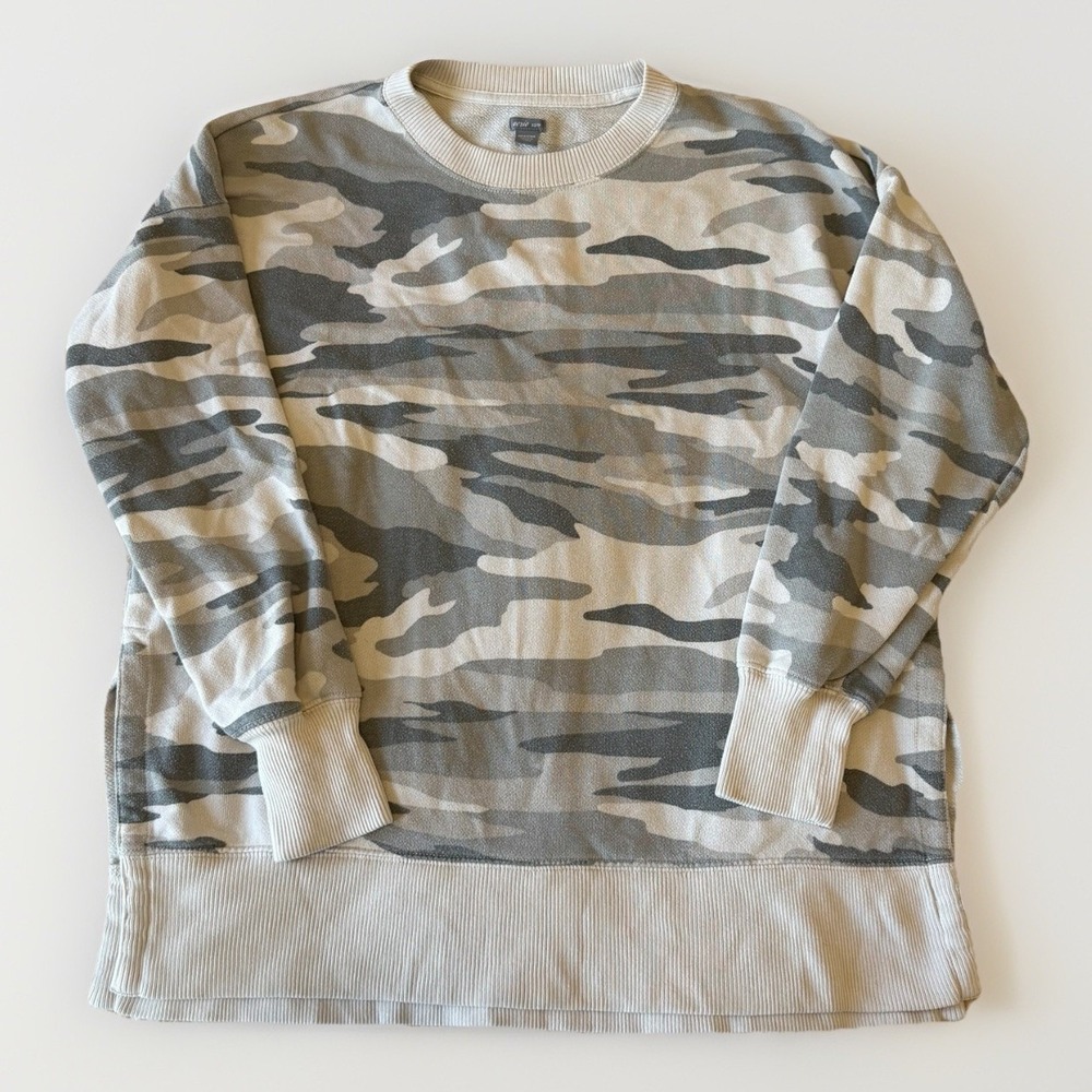 Aerie Womens Oversized Beige/Sage Camo Crewneck Sweatshirt Split Sides XS Lounge